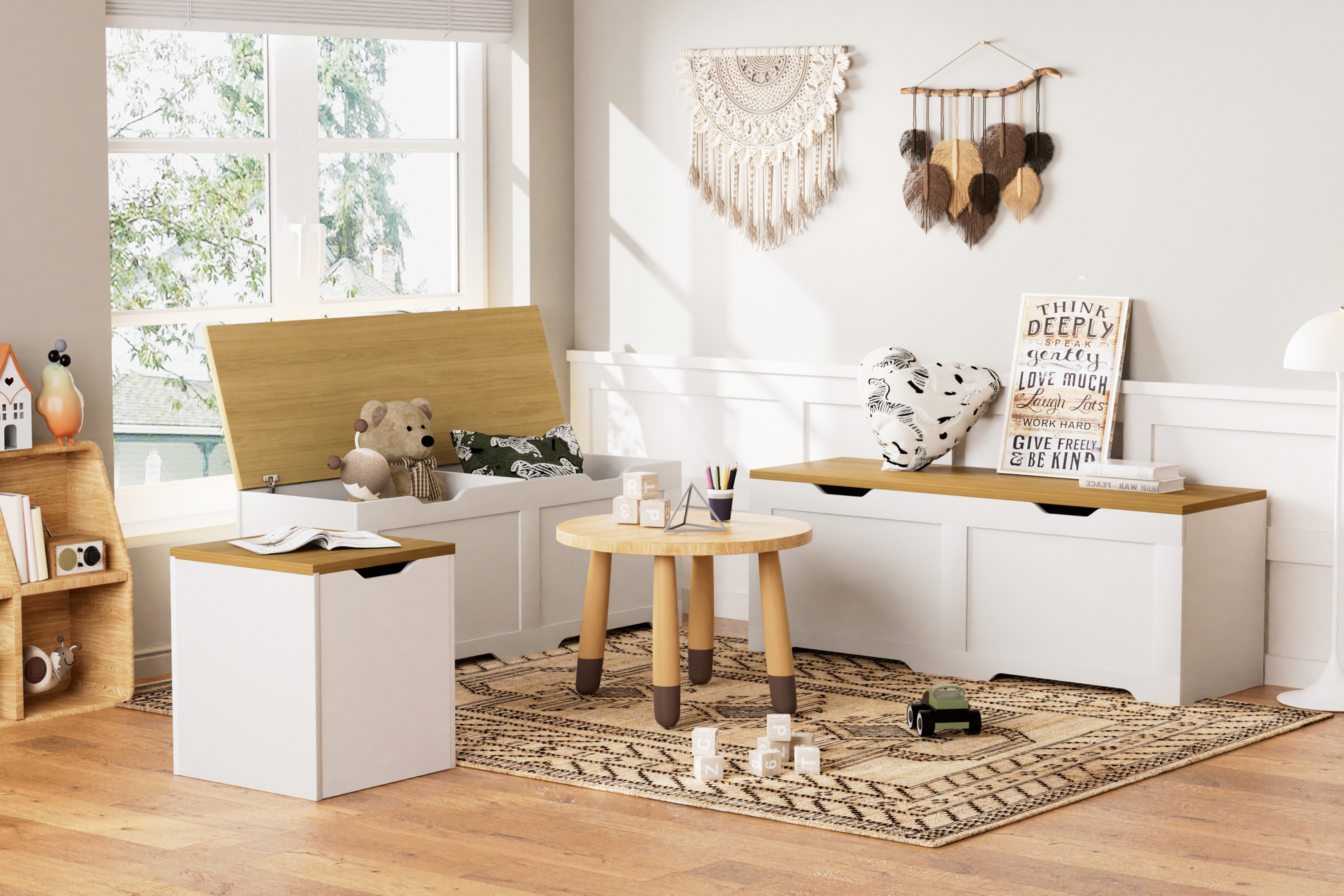 3-Piece L-Shaped Multi-Functional Storage Bench with Cushion, serving as a kitchen corner bench, toy storage box, or reading nook seat., White and Natural, 63"D x 63"W x 19.1"H image 10