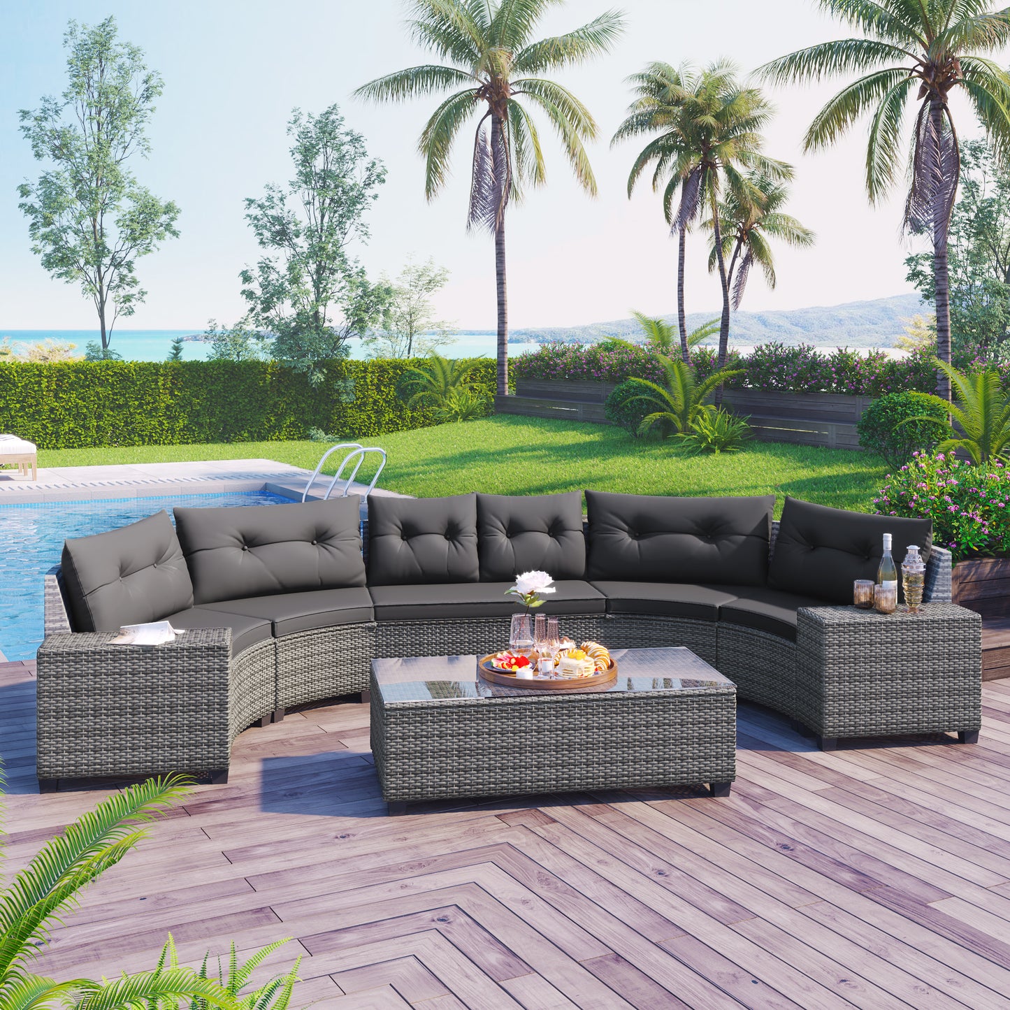 <Old SKU: FG201215AAE> 8-pieces Outdoor Wicker Round Sofa Set, Half-Moon Sectional Sets All Weather, Curved Sofa Set With Rectangular Coffee Table, PE Rattan, Movable Cushion, Gray image 1