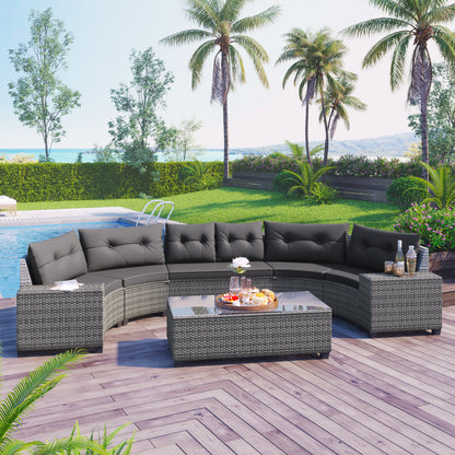 <Old SKU: FG201215AAE> 8-pieces Outdoor Wicker Round Sofa Set, Half-Moon Sectional Sets All Weather, Curved Sofa Set With Rectangular Coffee Table, PE Rattan, Movable Cushion, Gray image 1