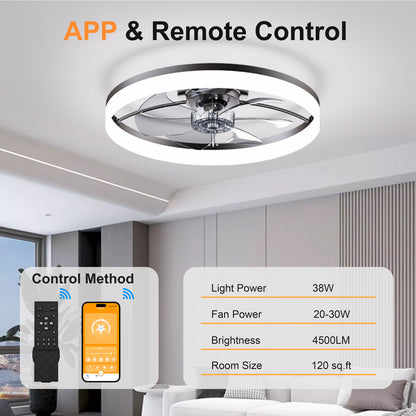 Ultra-Thin BLACK Ceiling Fan Light with Remote & App Control – 23.6'' Modern Flush Mount Fan Lamp, 6 Fan Speeds, Dimmable Brightness, 3000K-6500K Color Temperature for bedroom living room image 2