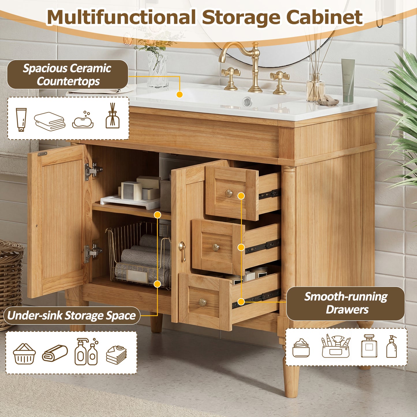 36" Bathroom Vanity with Ceramic Sink, Soft Close Doors, Adjustable Shelves, Modern Storage Cabinet for Small and Medium Bathrooms image 5