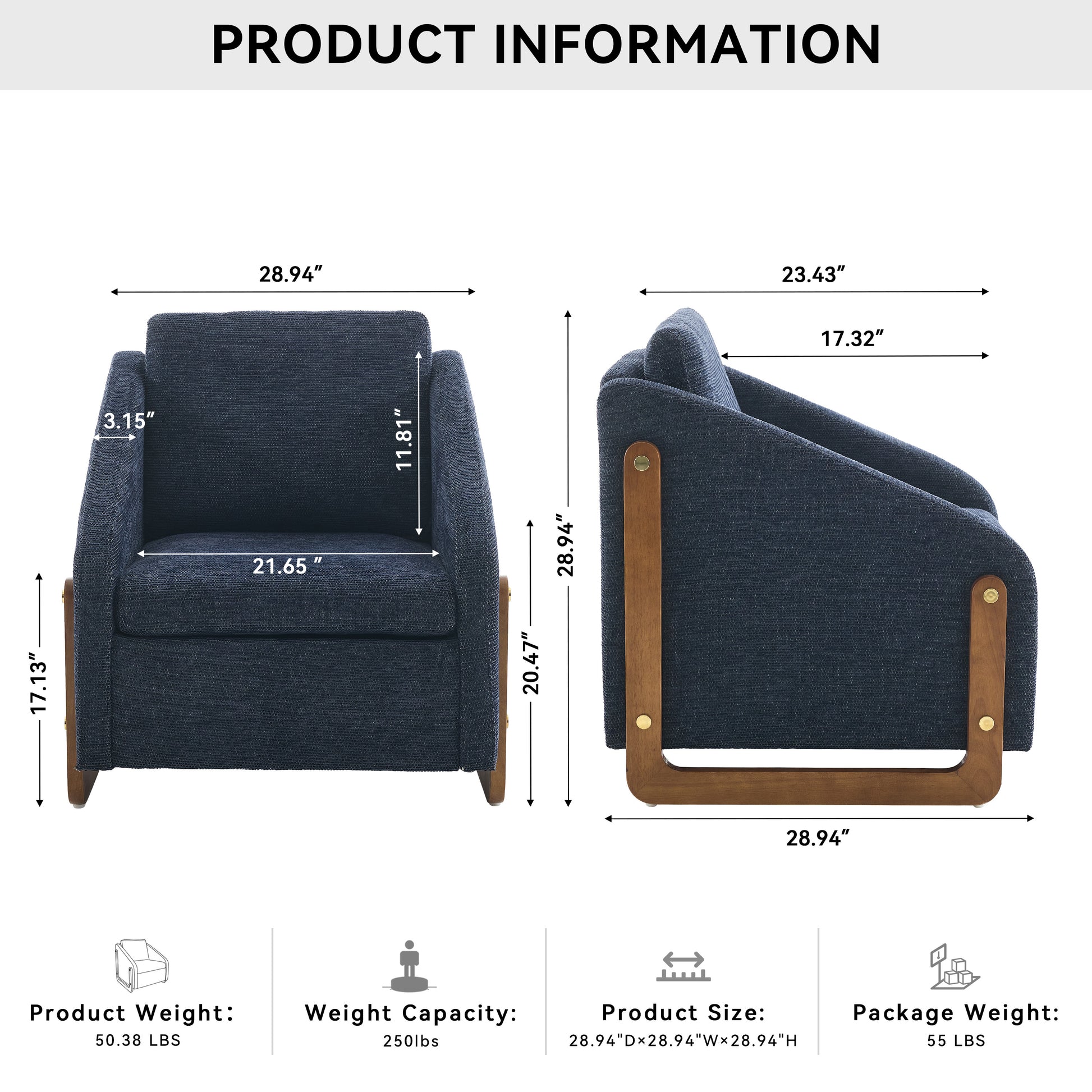 057-Set of 1 Chenille Fabric Modern Upholstered Armchair with Wooden Side Frame, Accent Leisure Chair with Cushioned Seat and Backrest for Living Room, Bedroom,Blue image 2