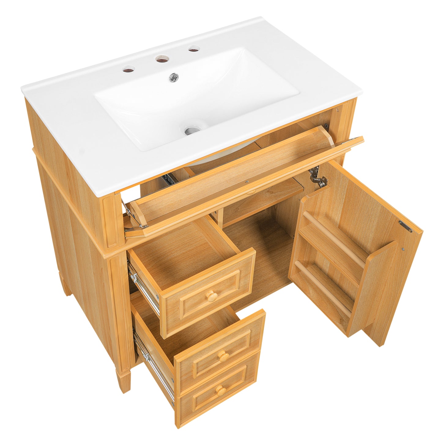 30" Bathroom Vanity with Sink, Wood Vanity Cabinet with Flip-Out Drawer, 2 Soft-Close Drawers, 1 Soft-Close Door, Solid Wood & MDF, Elegant Wood Handles image 12