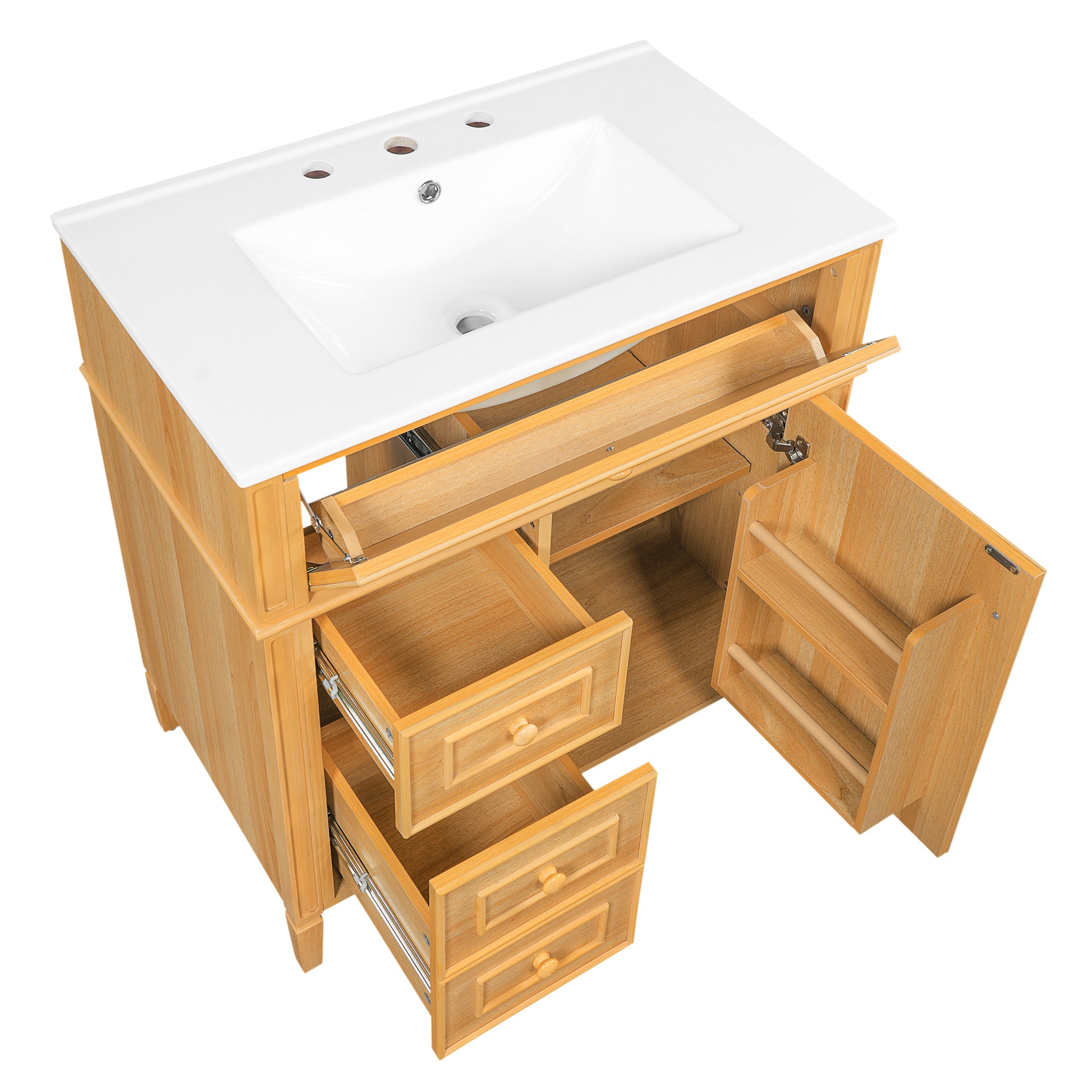30" Bathroom Vanity with Sink, Wood Vanity Cabinet with Flip-Out Drawer, 2 Soft-Close Drawers, 1 Soft-Close Door, Solid Wood & MDF, Elegant Wood Handles image 12
