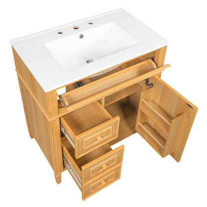 30" Bathroom Vanity with Sink, Wood Vanity Cabinet with Flip-Out Drawer, 2 Soft-Close Drawers, 1 Soft-Close Door, Solid Wood & MDF, Elegant Wood Handles image 12