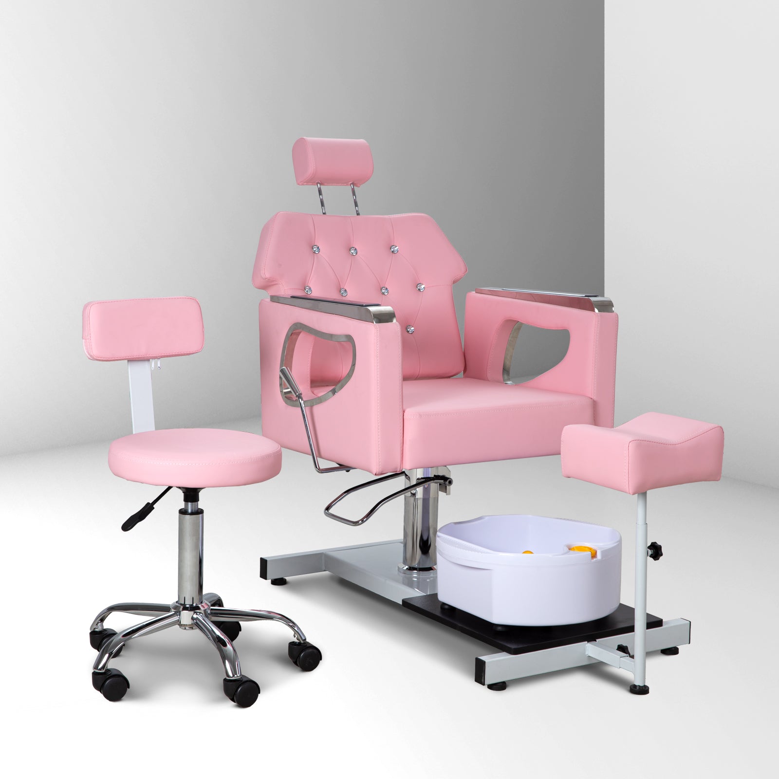 Pedicure Chair No Plumbing,Reclining Pedicure Station Unit with Adjustable Height and 360 Swivel,Hydraulic Foot Spa Chiar with Footrest and Massage Foot Bath, Pink image 1