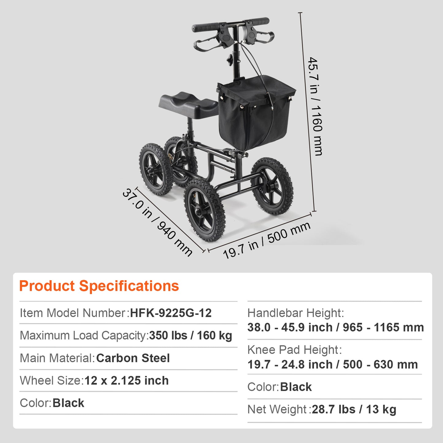 Folding Knee Scooter, Carbon Steel Steerable Knee Walker with Height-Adjustable Handlebar & Knee Pad, 12" All-Terrain Wheel, Dual Brakes, Leg Recovery Scooter for Injured Ankle Foot Knee, 350LBS image 9