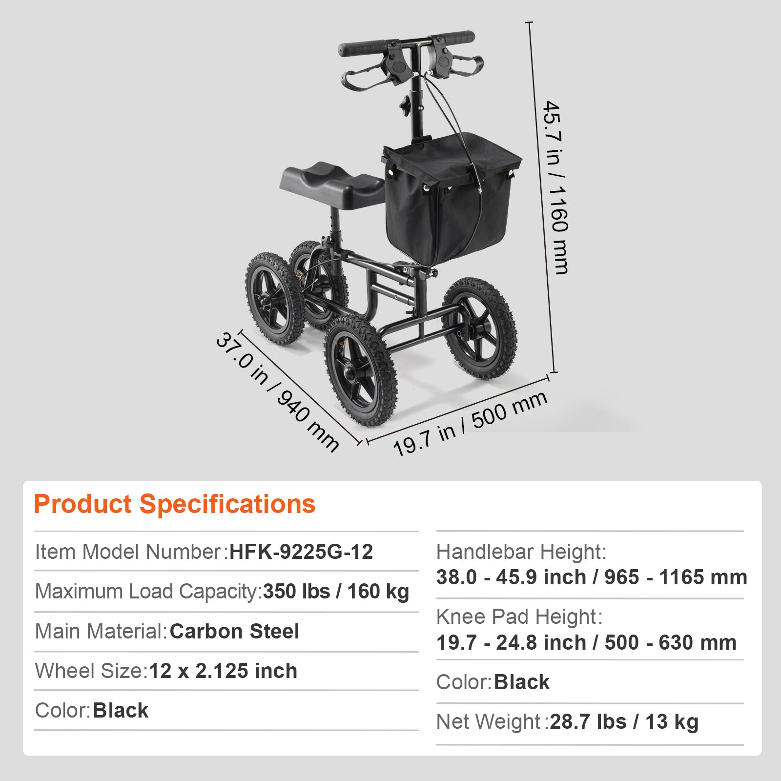 Folding Knee Scooter, Carbon Steel Steerable Knee Walker with Height-Adjustable Handlebar & Knee Pad, 12" All-Terrain Wheel, Dual Brakes, Leg Recovery Scooter for Injured Ankle Foot Knee, 350LBS image 9
