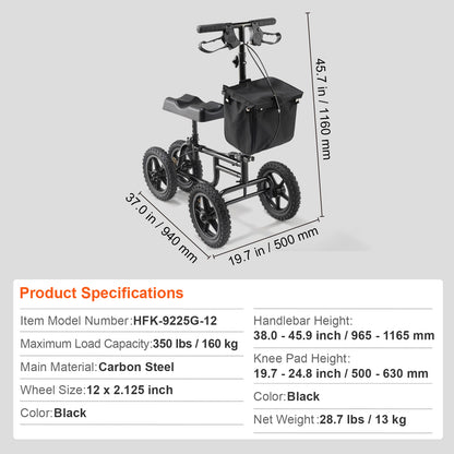 Folding Knee Scooter, Carbon Steel Steerable Knee Walker with Height-Adjustable Handlebar & Knee Pad, 12" All-Terrain Wheel, Dual Brakes, Leg Recovery Scooter for Injured Ankle Foot Knee, 350LBS image 9
