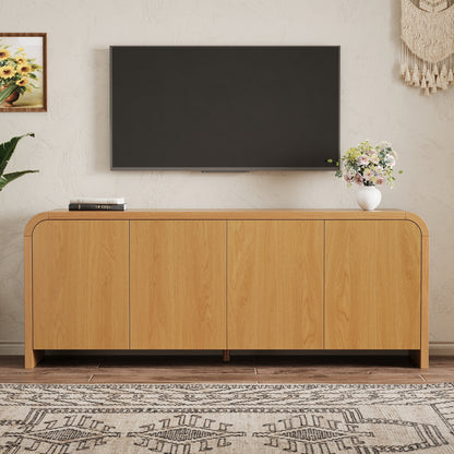Farmhouse Curved Edge TV Stand with Large Cabinets for TVs up to 70", Minimalist Wood Grain Media Console with Cable Management, Mid Century TV Cabinet with Adjustable Shelves for Living Room, Natural image 2