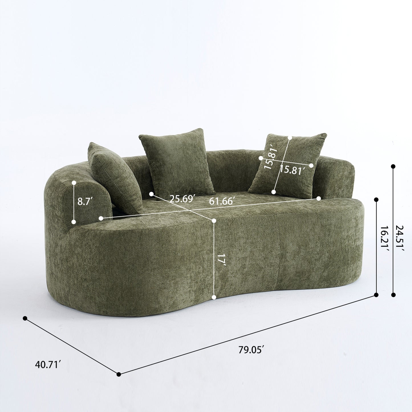 Crescent-shaped sofa, modern low-back design with deep cushions, self-inflating foam-filled large two-seater sofa requiring no assembly. (green chenille fabric) image 7