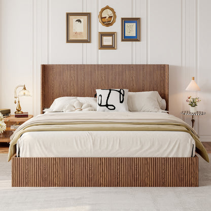 Large grooved undulating lift storage bed frame, wooden platform bed frame with lift storage, no spring box required/no noise, rustic brown slatted natural wood(King) image 1