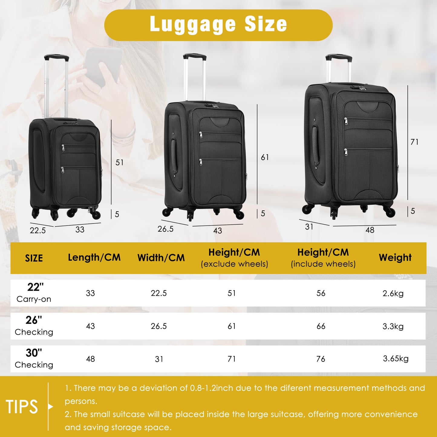 Softside Luggage Expandable 3 Piece Set Suitcase with Duffel Bag Upright Spinner Softshell Lightweight Luggage Travel Set-22/26/30 IN image 2