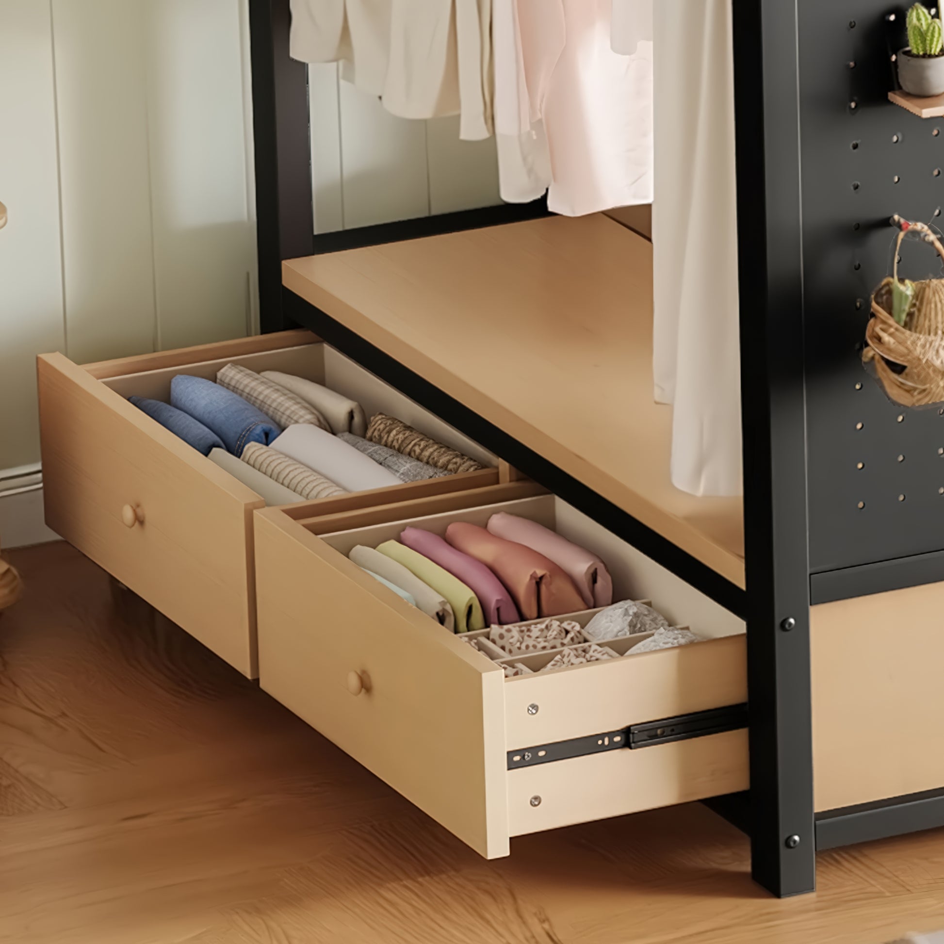 Twin XL size Loft Bed Frame with Wardrobe,Metal Loft Bed with Storage Shelves and Pegboard,Black image 5