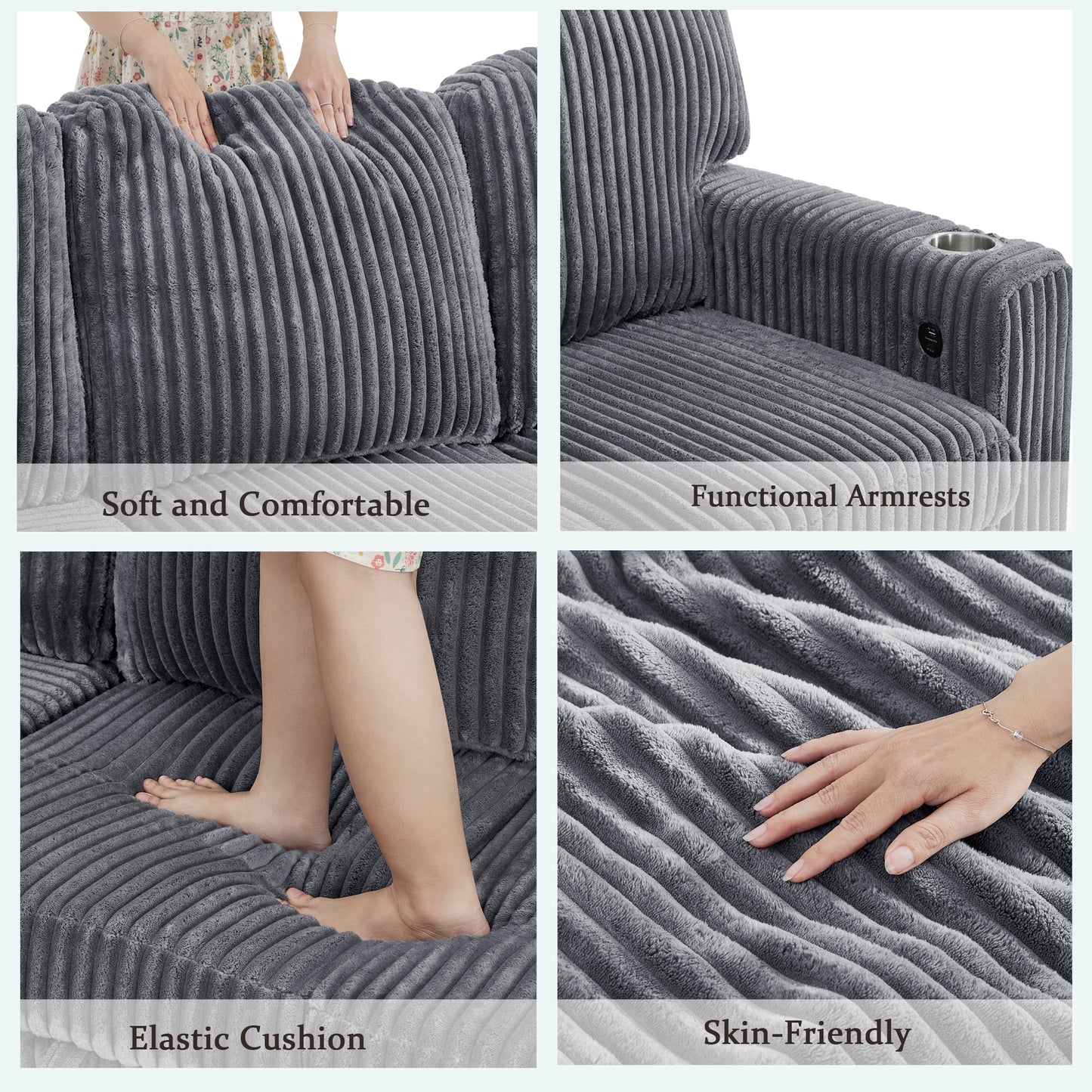 L-Shaped Sectional Sofa Bed with Pull-Out Bed & Storage, 5-Seat Sleeper Couch with USB Charging, Convertible Design for Living Room, Apartment, Corduroy Fabric, Grey image 6