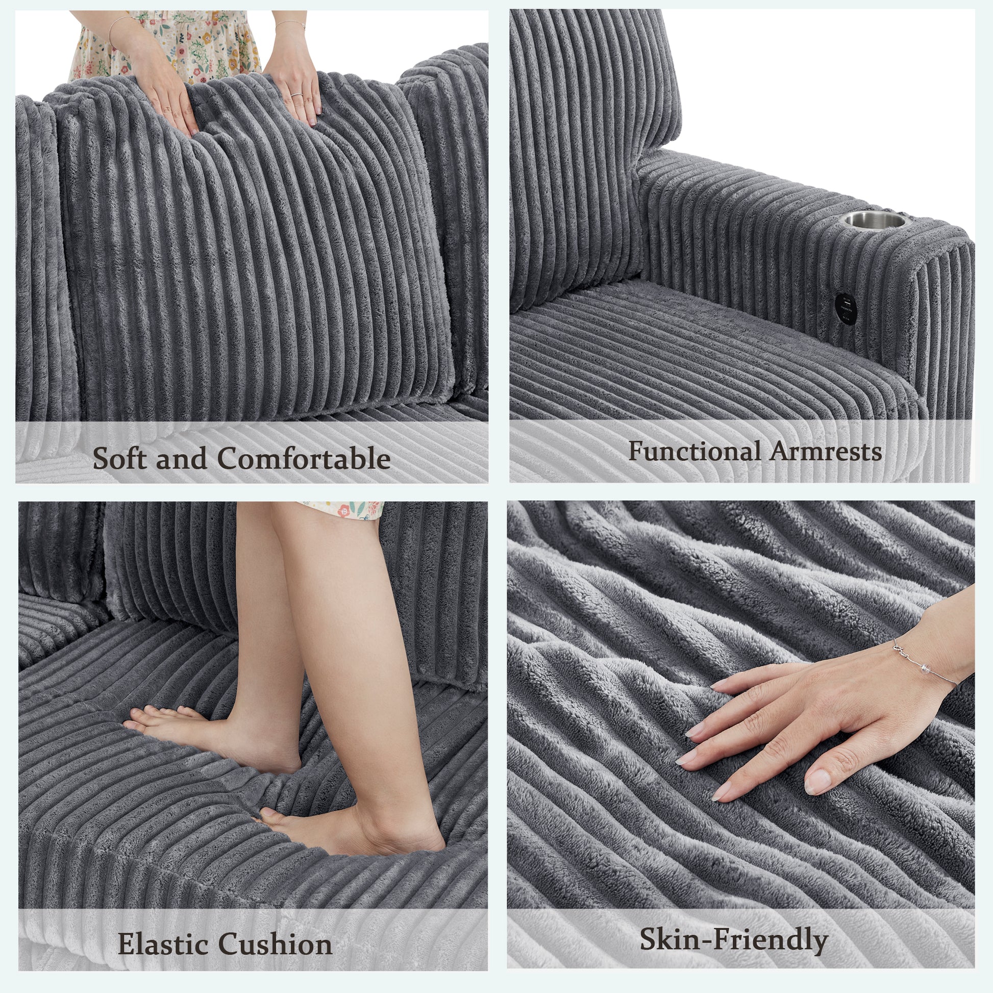 L-Shaped Sectional Sofa Bed with Pull-Out Bed & Storage, 5-Seat Sleeper Couch with USB Charging, Convertible Design for Living Room, Apartment, Corduroy Fabric, Grey image 6