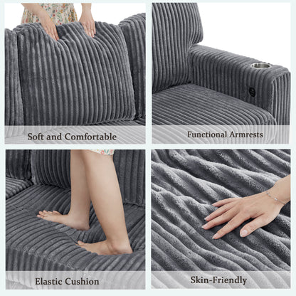 L-Shaped Sectional Sofa Bed with Pull-Out Bed & Storage, 5-Seat Sleeper Couch with USB Charging, Convertible Design for Living Room, Apartment, Corduroy Fabric, Grey image 6