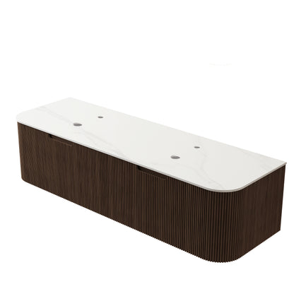 DINA 60'' Wall Mounted Plywood Cabinet with Carrara White Sintered Stone Countertop, Two Drawers, NO Basin, NO Faucet and Drain, Dark Walnut Woodgrain Color image 5