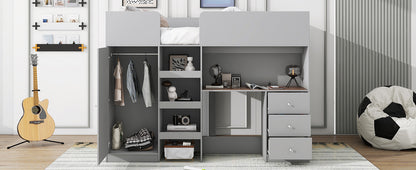 Wood Full Size Loft Bed with Built-in Wardrobe, Desk, Storage Shelves and Drawers, Grey image 6