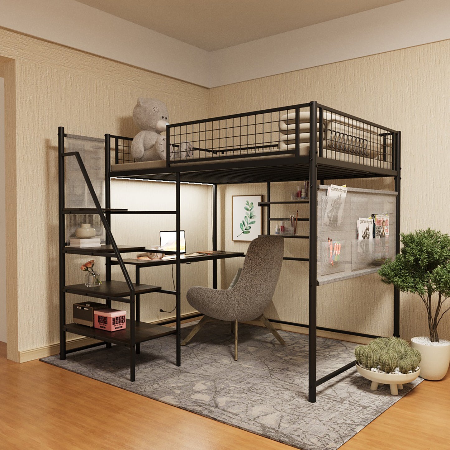 Full size loft metal bed with black for bedroom and dormitory, with built-in charging station and LED lighting image 1