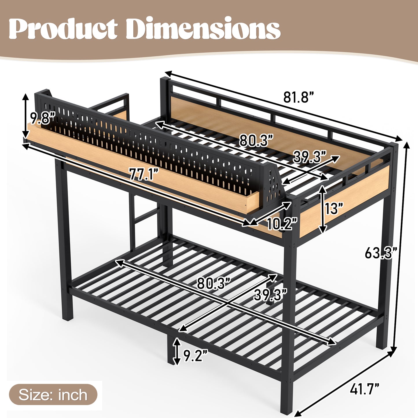 Twin XL over Twin XL Size Metal Bunk Bed with Storage Shelves and Pegboard, Bunk Bed Frame with USB Ports and LED Lights, Space-Saving, for Teens and Adults, Natural image 8
