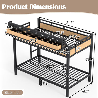 Twin XL over Twin XL Size Metal Bunk Bed with Storage Shelves and Pegboard, Bunk Bed Frame with USB Ports and LED Lights, Space-Saving, for Teens and Adults, Natural image 8