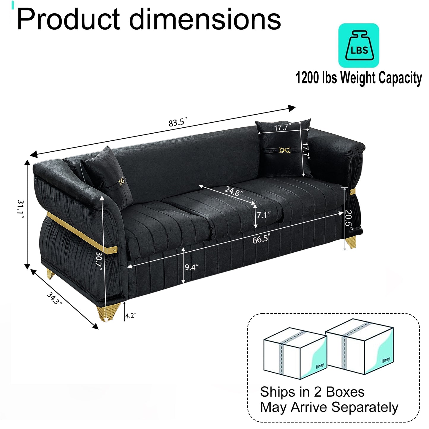 83.5"Modern Velvet 3-Seater Sofa with 2 Pillows, Upholstered Accent Couch with Gold Metal Trim, Tapered Gold-Tone Legs & Curved Armrests for Living Room, Bedroom & Apartment, Black image 8