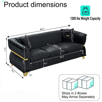 83.5"Modern Velvet 3-Seater Sofa with 2 Pillows, Upholstered Accent Couch with Gold Metal Trim, Tapered Gold-Tone Legs & Curved Armrests for Living Room, Bedroom & Apartment, Black image 8
