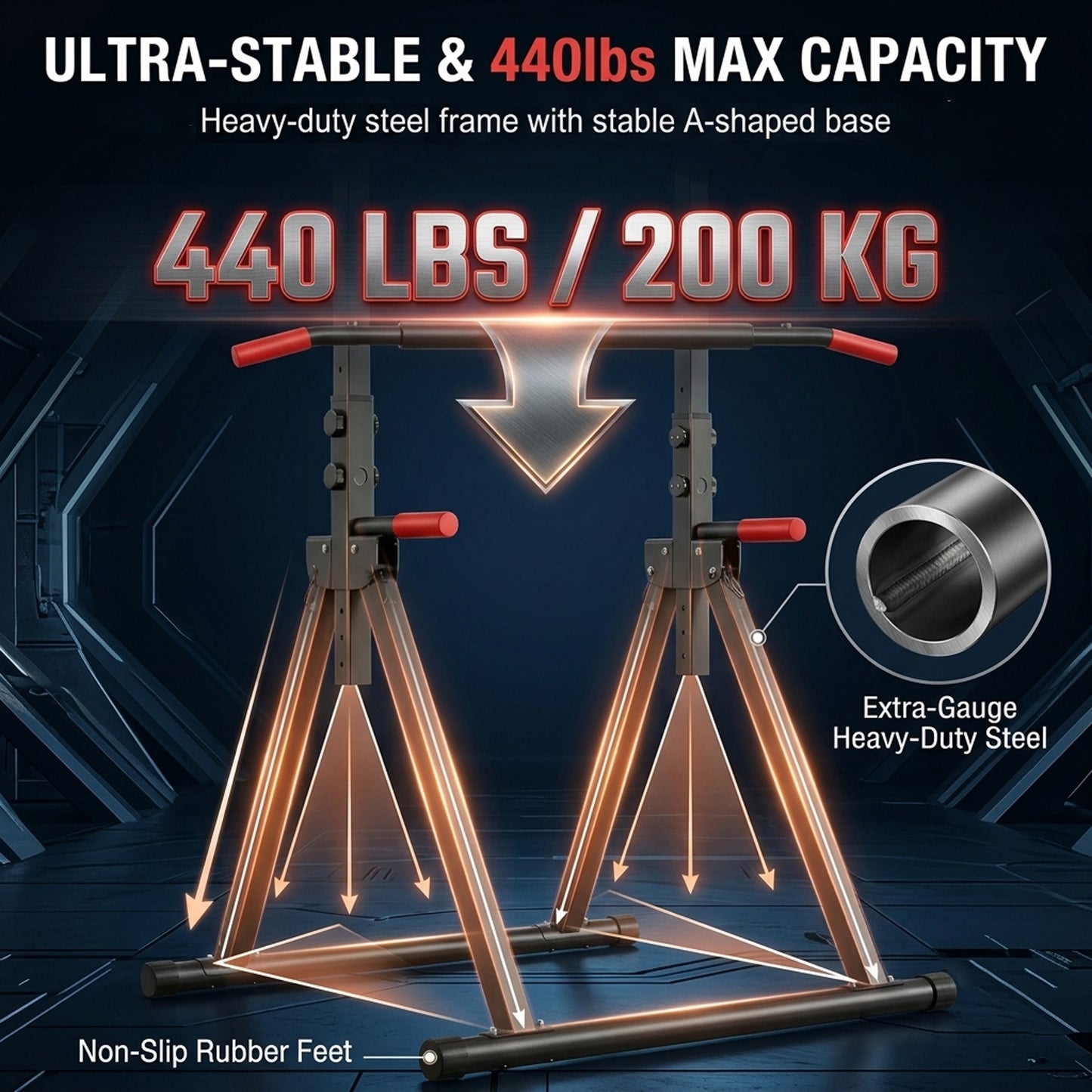 Foldable Pull Up Bar Standing Power Tower - Multi-Function Dip Station, 6-Level Adjustable Height Strength Training Fitness Equipment for Home Gym, 440lbs Max image 3