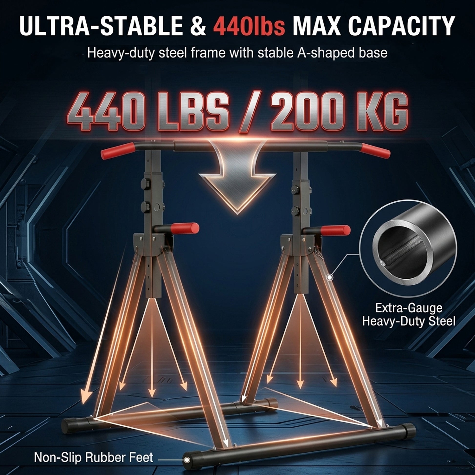 Foldable Pull Up Bar Standing Power Tower - Multi-Function Dip Station, 6-Level Adjustable Height Strength Training Fitness Equipment for Home Gym, 440lbs Max image 3