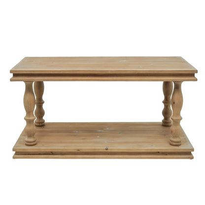 36x18x18" 2-Tier Rustic Rectangular Coffee Table, Natural Wood Living Room Center Table with Carved Baluster Legs, Farmhouse/French Country image 2