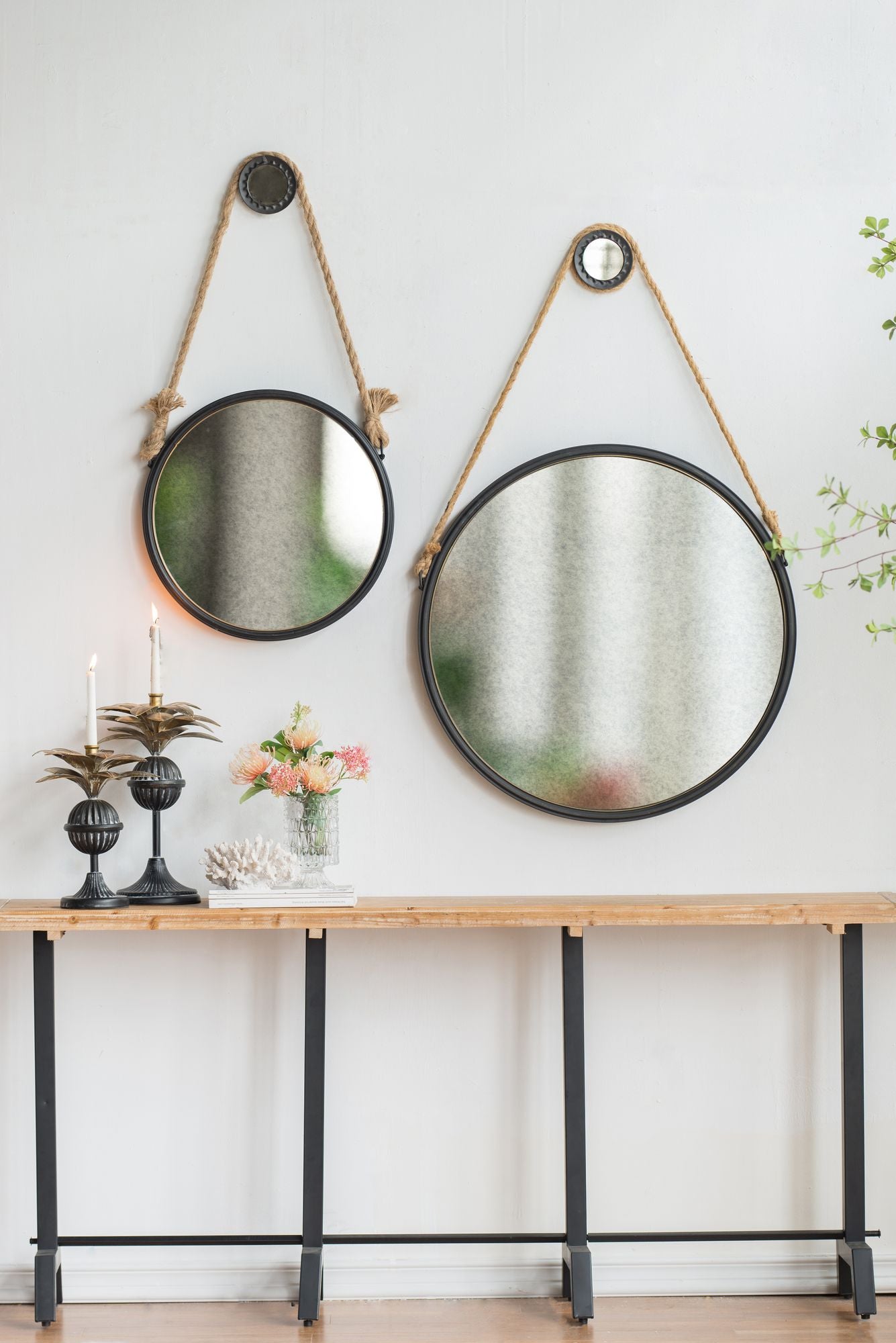 Handsome Cleveland Mirror with rope strap contemporary round wall mirror grey metal frame