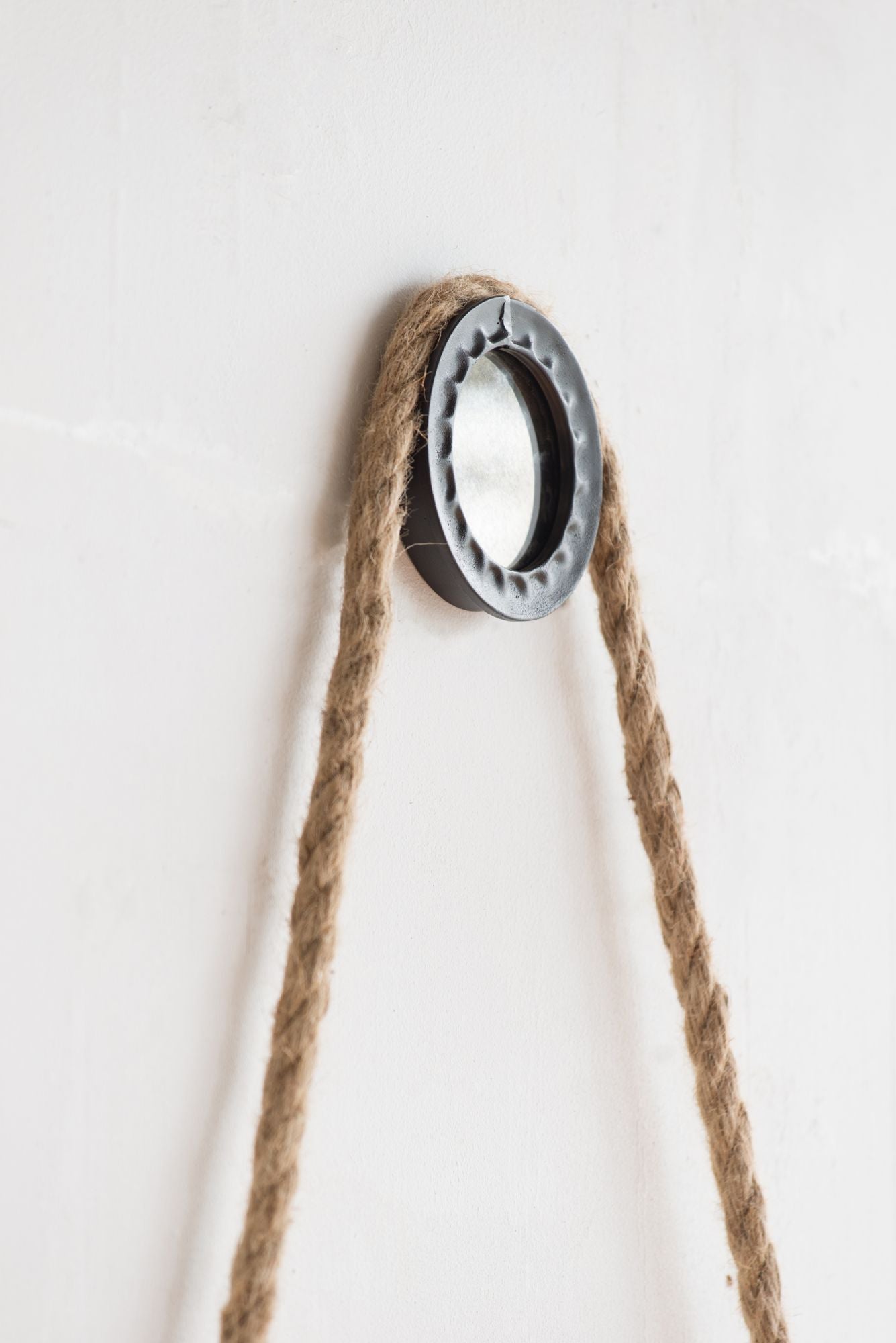 Round metal frame mirror with rope strap contemporary design