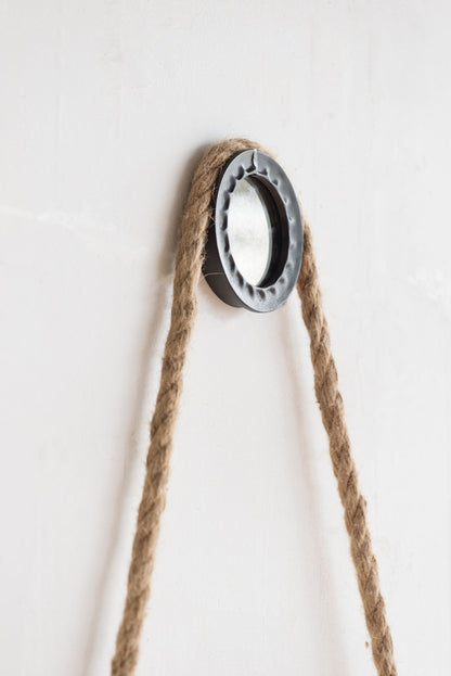 Round metal frame mirror with rope strap contemporary design