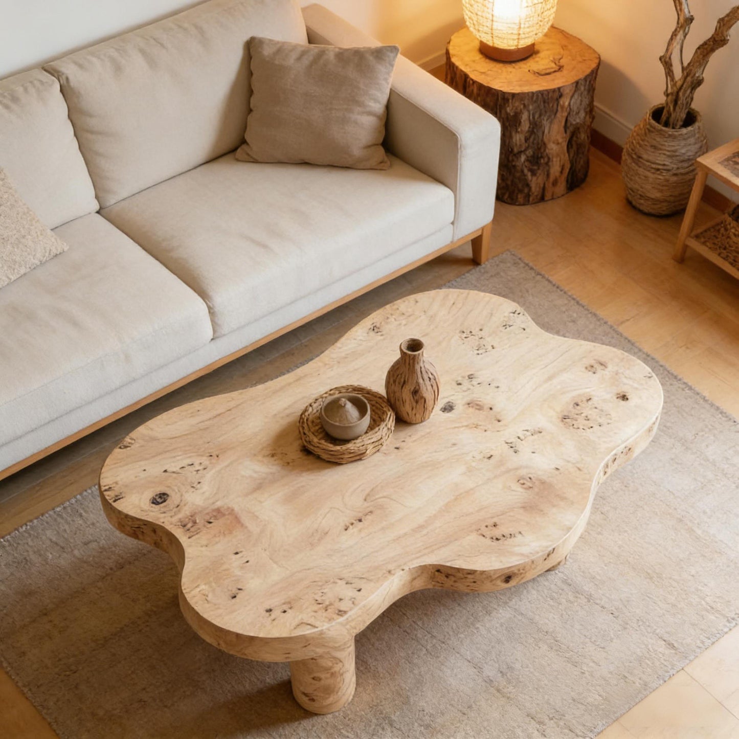 40'' Burl Cloud Coffee Table with 4 Round Legs, Low Profile Modern Coffee Table, Unique Irregular Center Table for Living Room, Apartment, Natural Color image 11