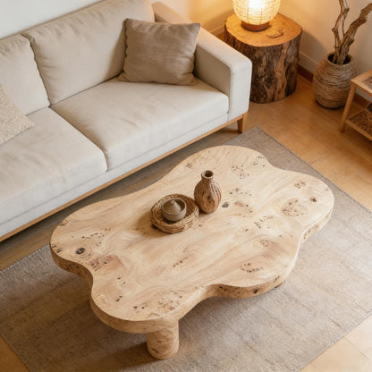 40'' Burl Cloud Coffee Table with 4 Round Legs, Low Profile Modern Coffee Table, Unique Irregular Center Table for Living Room, Apartment, Natural Color image 11