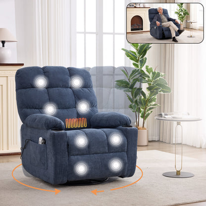 Heat Massage Electric Recliner Chair with Rocker and Swivel in Fabric for Living Room, Blue image 1