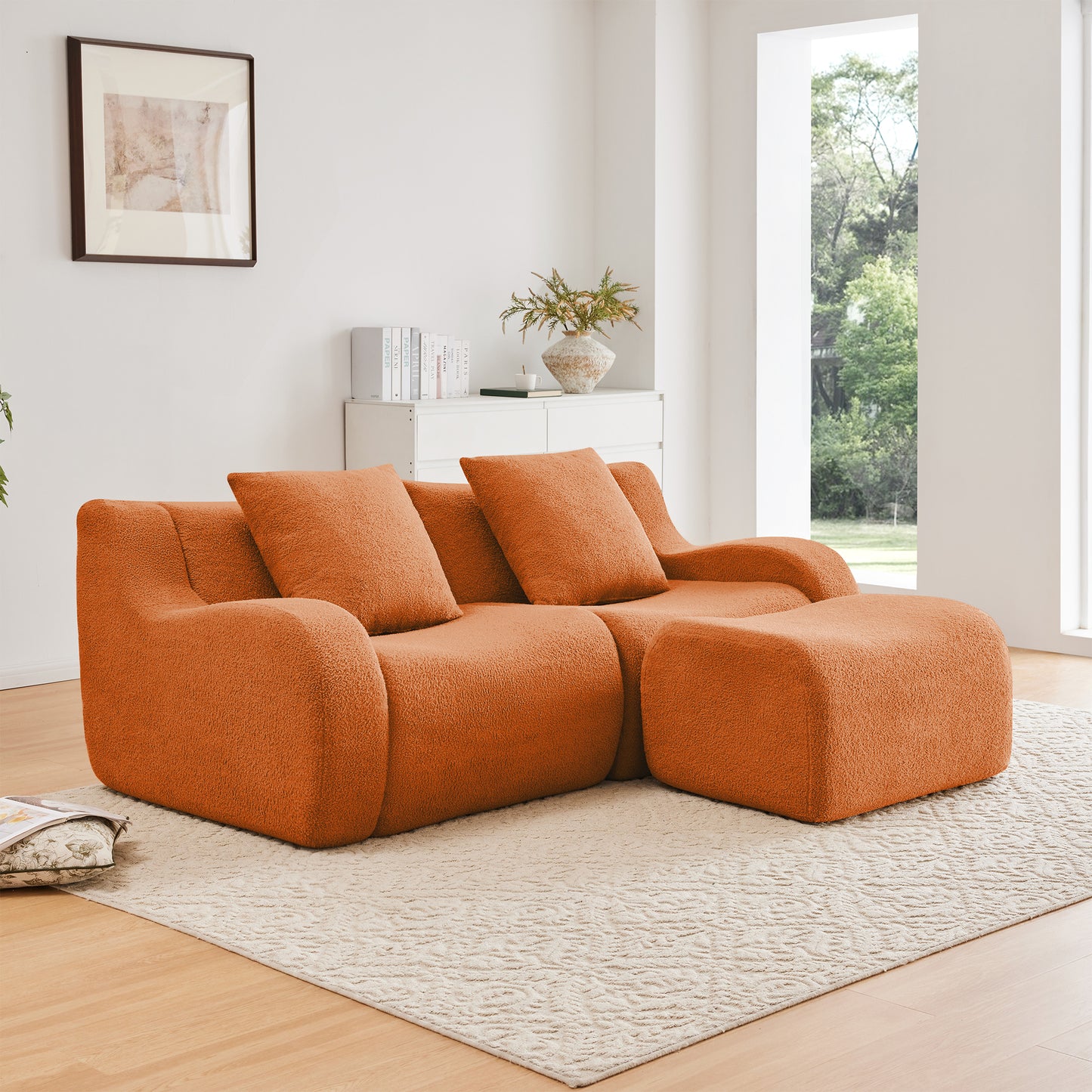 L-Shaped Teddy Fabric 2-Seat Boneless Sofa,No Assembly Required Curved Armrest,Streamlined Design Ergonomic Design,32D High Density Sponge For Living Rooms Rest Areas Bedroom,Orange image 1