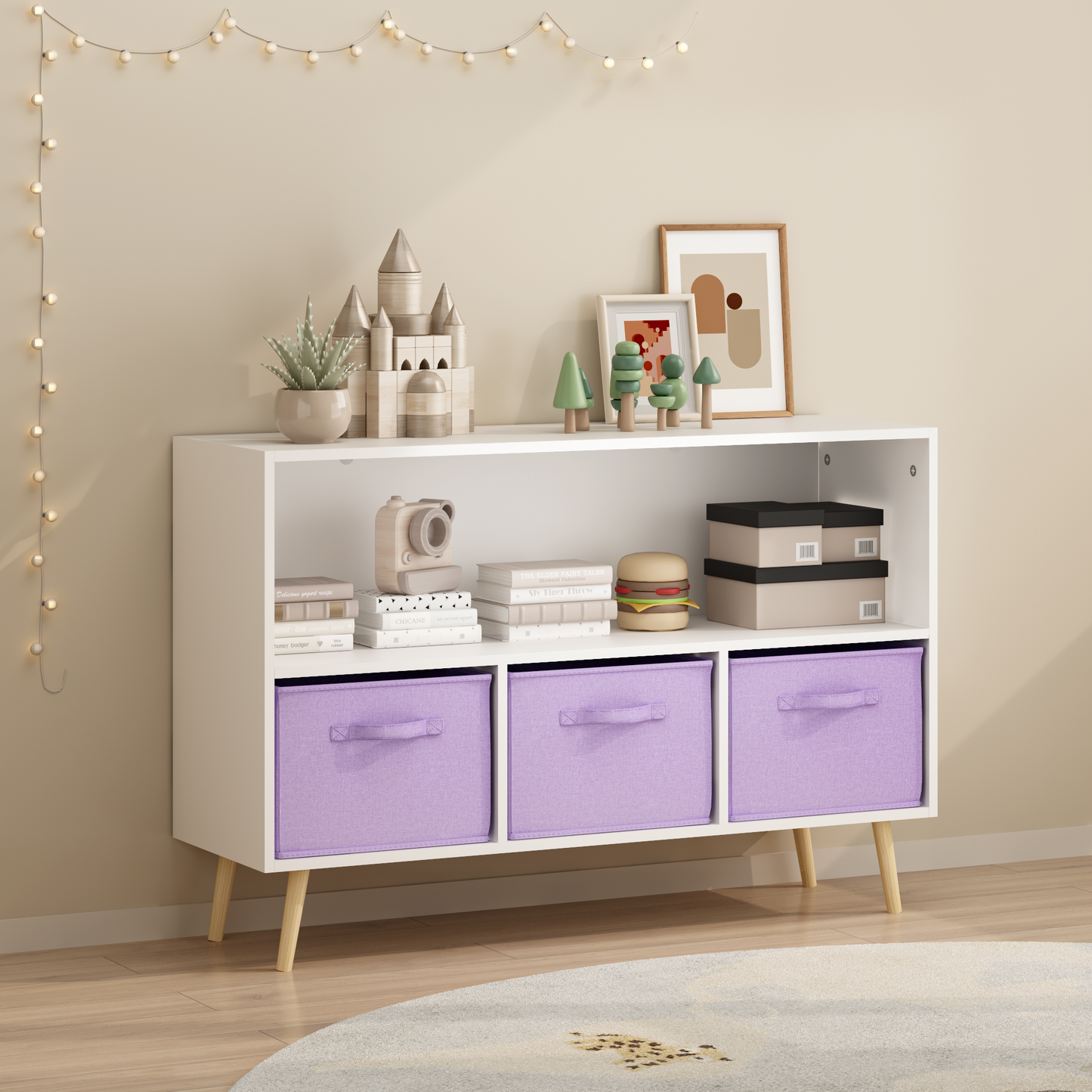 Kids bookcase with Collapsible Fabric Drawers, Children's Book Display, Toy Storage Cabinet Organizer, White/Purple image 12