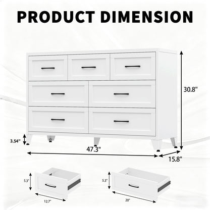 7-Drawer Dresser, Wide Low-Profile Storage Cabinet, White Metal Chest of Drawers for Bedroom, Living Room & Entryway image 3