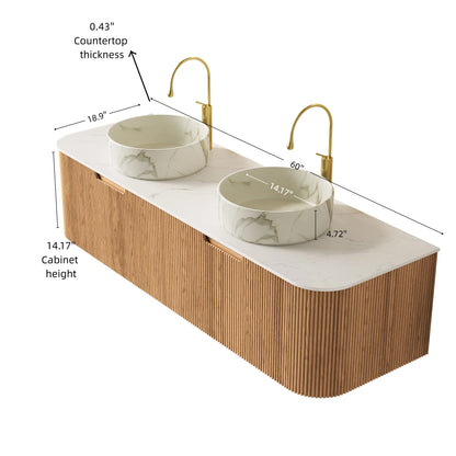 DINA 60" Bathroom Vanity&Sinks, Floating Curved Edges Striped Storage Cabinet with 2 Drawers, 2 Stone White Round Ceramic Basins&Carrara White Sintered Stone Top, Pre-assembled, Natural Woodgrain image 5