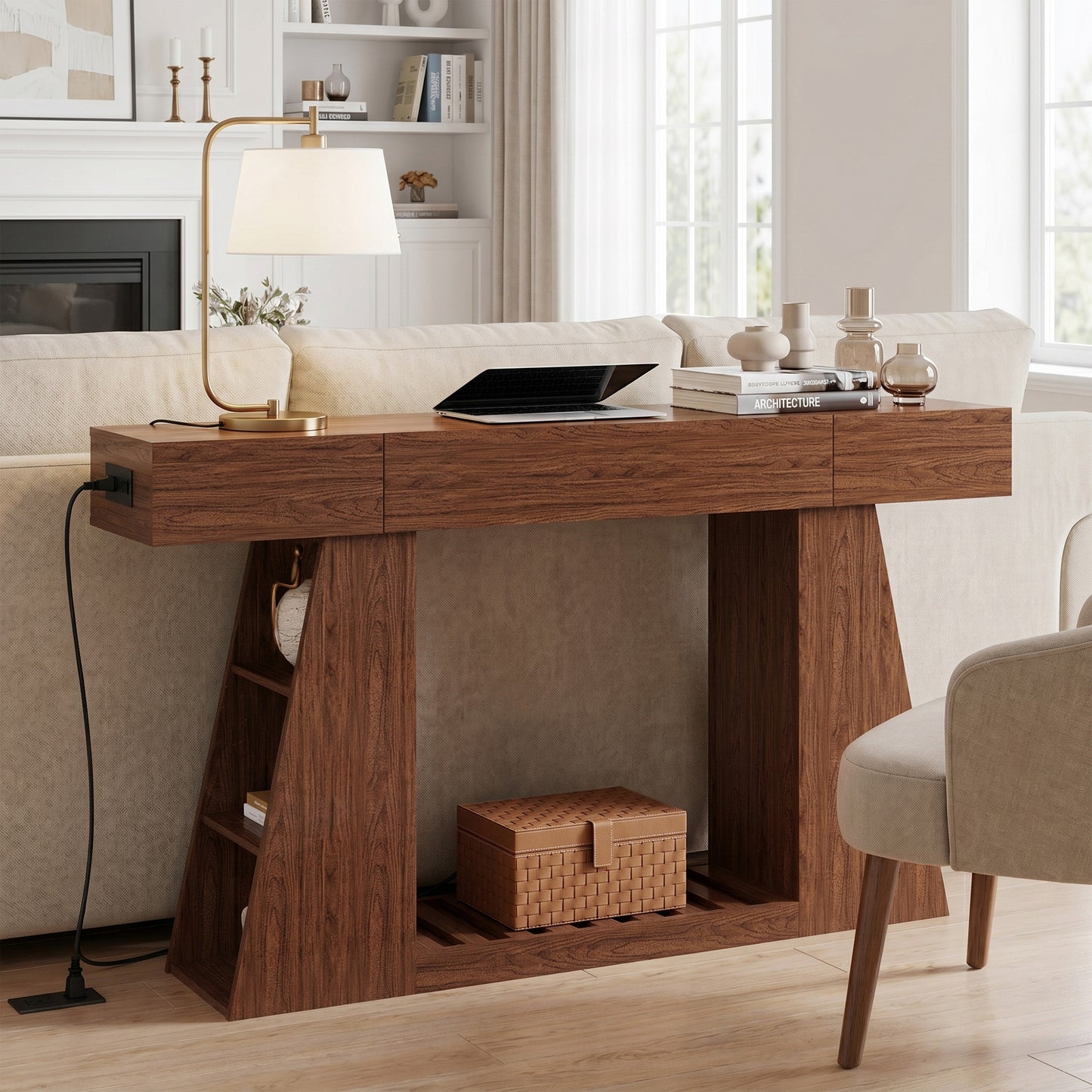 60 Inch Narrow Console Table with Built-in Power Outlet, Farmhouse Sofa Table Behind Couch, Entryway Foyer Table with Side Storage Compartment & Slatted Bottom Shelf, image 3