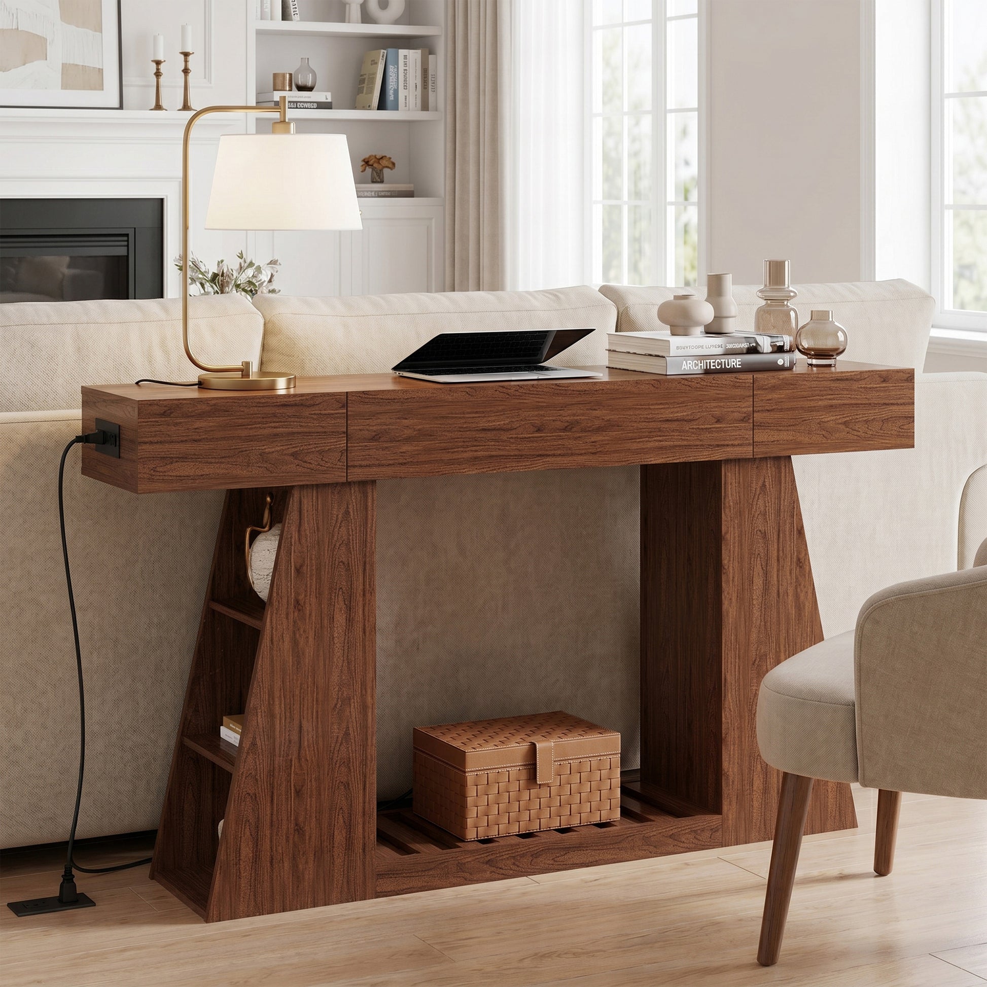 60 Inch Narrow Console Table with Built-in Power Outlet, Farmhouse Sofa Table Behind Couch, Entryway Foyer Table with Side Storage Compartment & Slatted Bottom Shelf, image 3