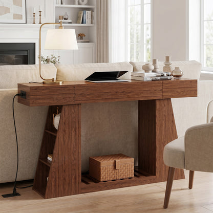 60 Inch Narrow Console Table with Built-in Power Outlet, Farmhouse Sofa Table Behind Couch, Entryway Foyer Table with Side Storage Compartment & Slatted Bottom Shelf, image 3