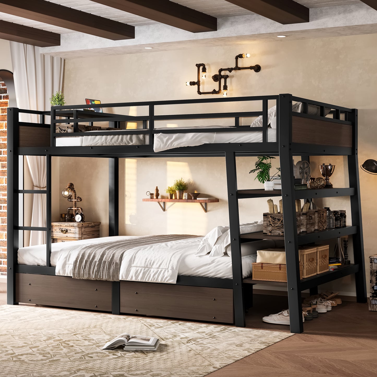 Full Size Metal Bunk Bed with Storage Shelves, LED light strip, and USB power strip, black image 4
