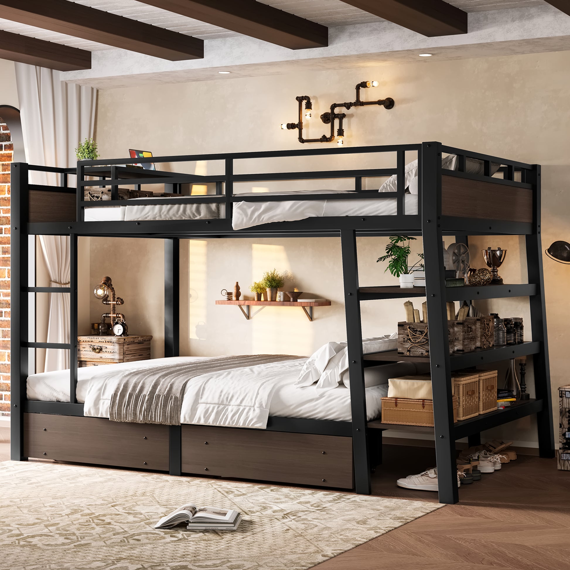 Full Size Metal Bunk Bed with Storage Shelves, LED light strip, and USB power strip, black image 4