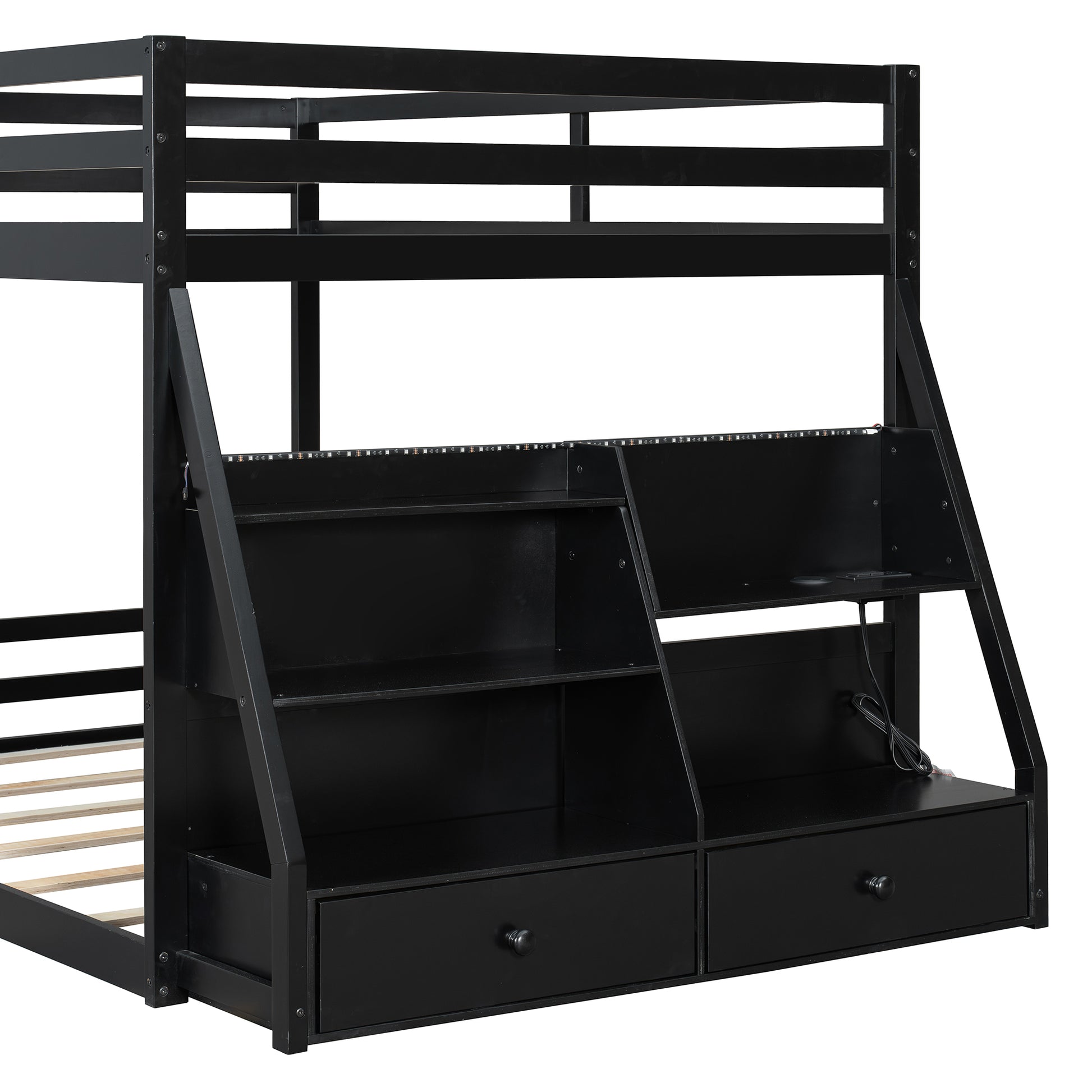 Full Bunk Bed with APP-Controlled LED Lights (7 Colors), USB Ports, Storage Shelves and 2 Drawers, Black image 8