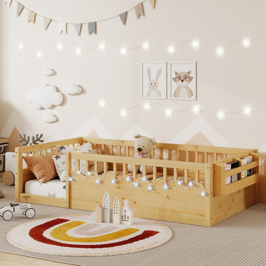Twin Montessori Floor Bed Frame with High Rails, Wood Kids Floor Beds with Light and Storage Shelf, Natural (Expect Arrival Date 2025/8/15) image 1
