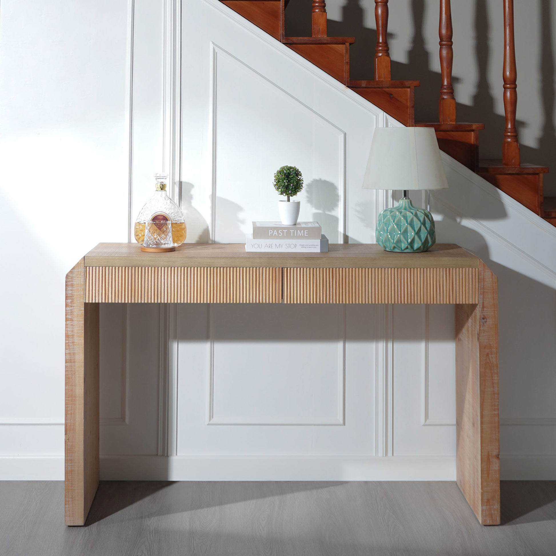 Rustic Wooden Console Table with Drawer – Minimalist Design, Ribbed Texture, and Natural Finish image 3