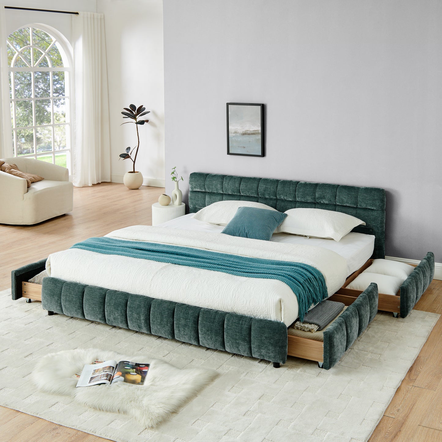 King Size Upholstered Bed,comfortable upholstered bed frame, Chenille fabric, with headboard and solid bed frame. With drawer for storage-green(88.5''*85.5''*31'') image 1